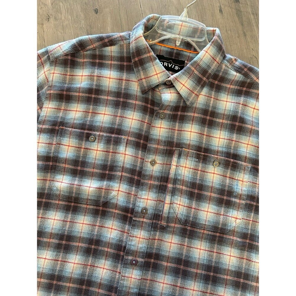 Orvis Men's Flannel Signature Blue Plaid Outdoor Thick Work Shirt Size XLARGE